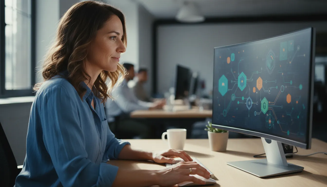 Business analyst working at desk reviewing real-time analytics dashboard on computer monitor