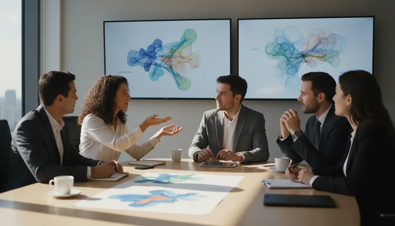 Business professionals in meeting room discussing growth strategy and analytics on screens