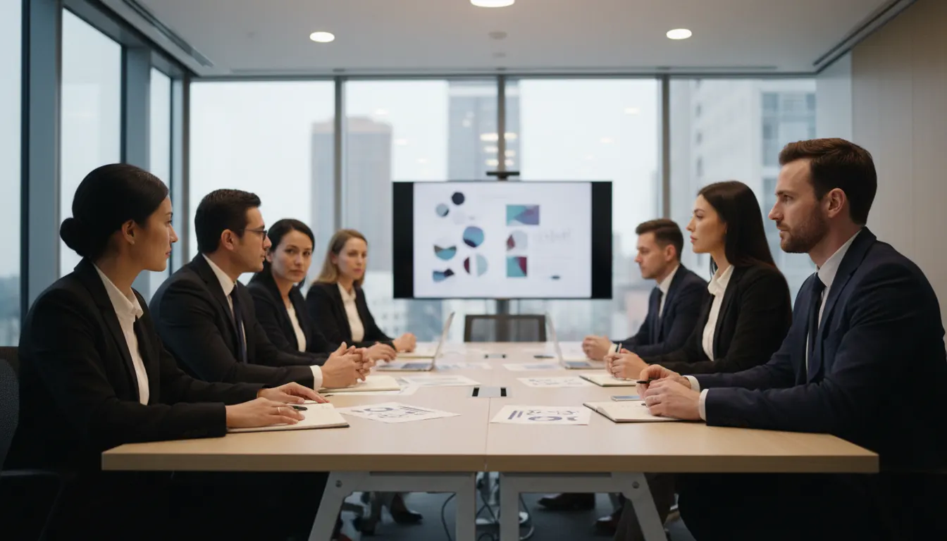 Business professionals attending presentation meeting in modern conference room