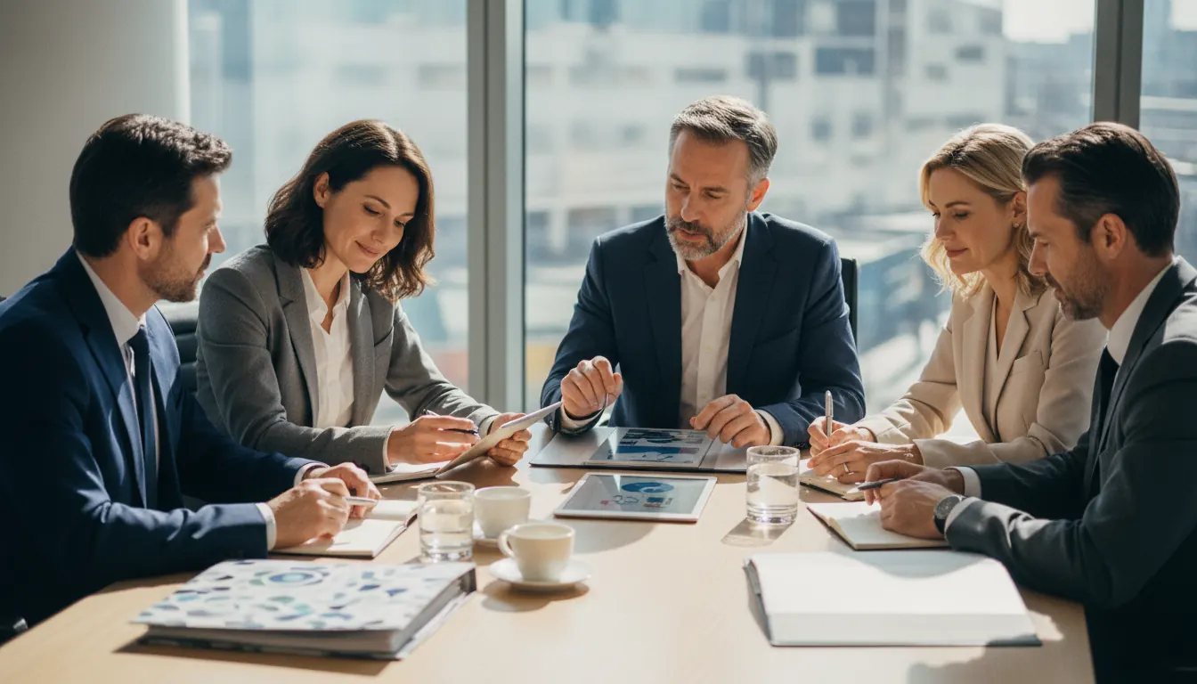 Business professionals in meeting room discussing partnership agreements and vendor management strategies
