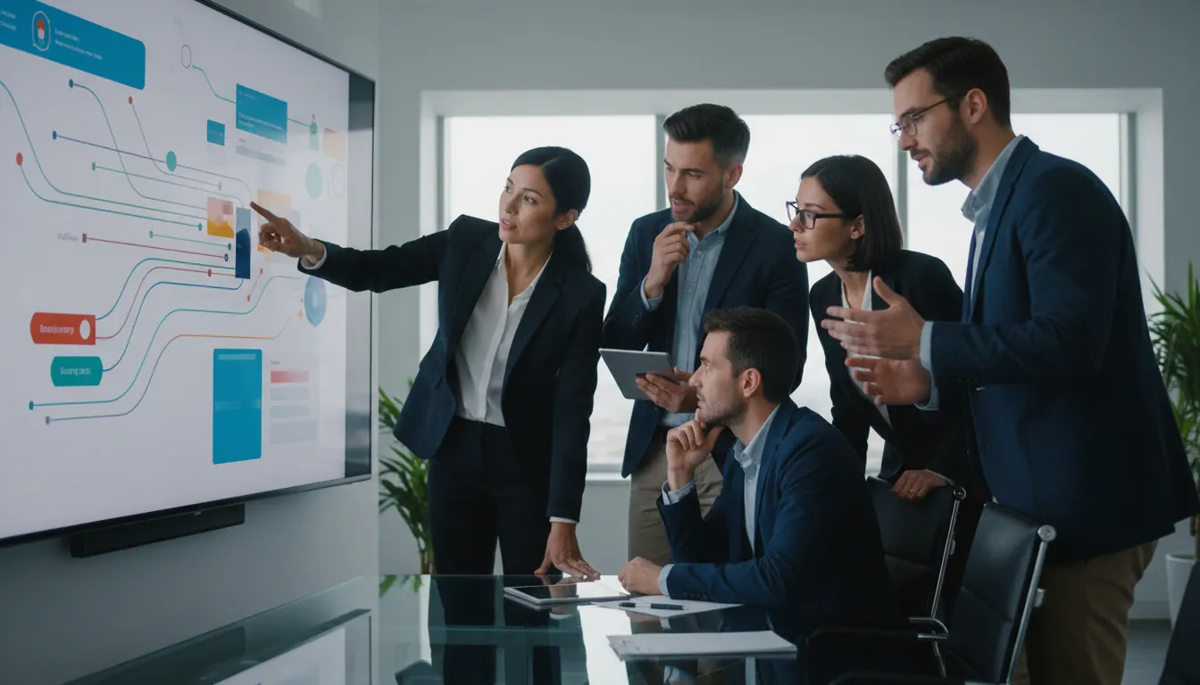 Business team reviewing software solutions on large presentation screen in conference room