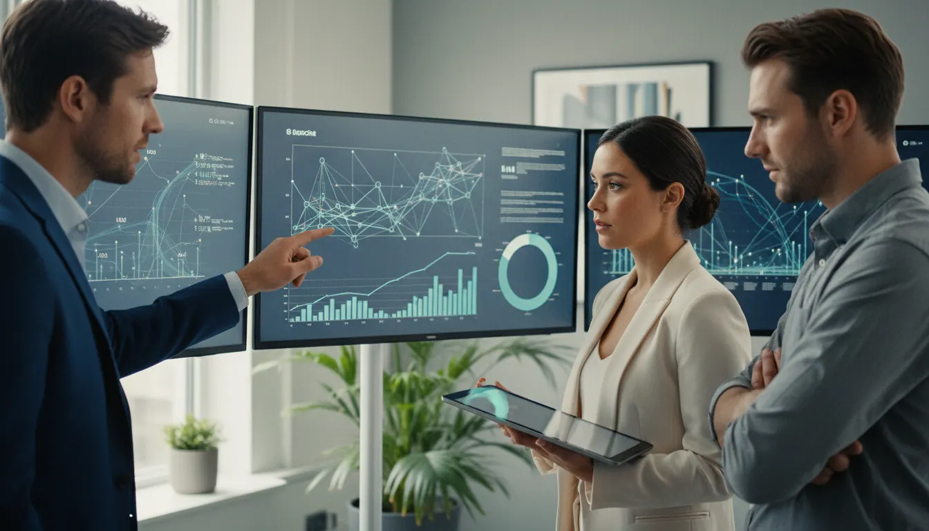 Business professionals analyzing development metrics and data visualizations on large monitor screens