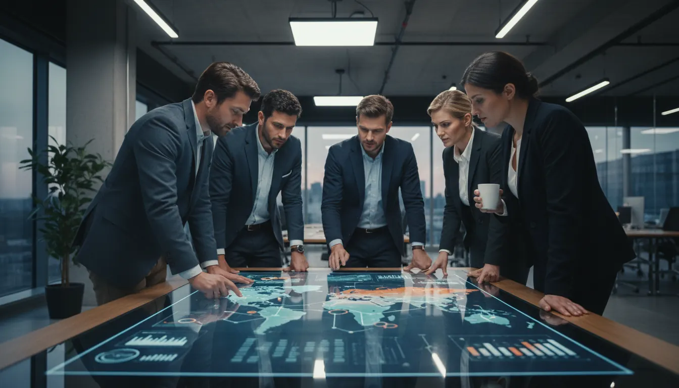 Professional business team analyzing gaming market strategies in modern office