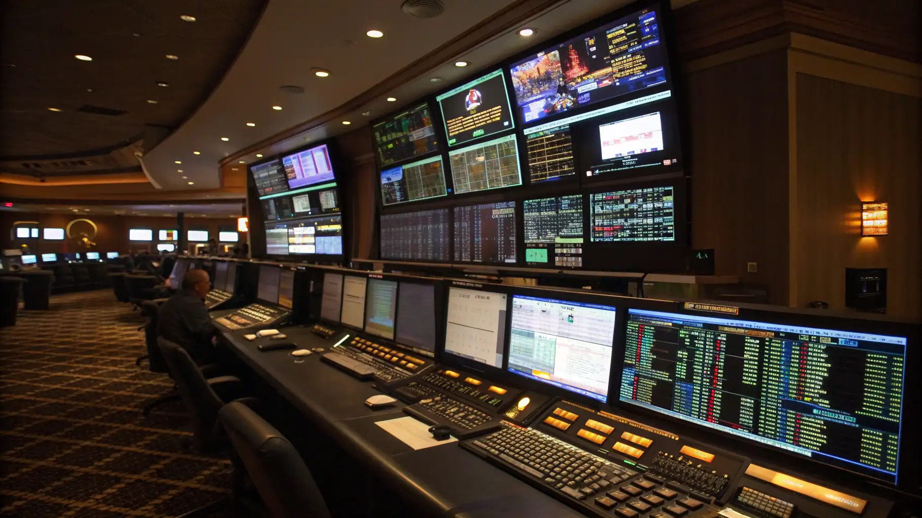 Casino operations control room with multiple monitors displaying gaming platforms and player management systems