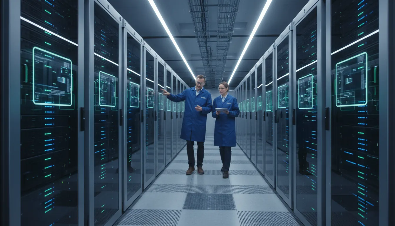 Modern data center server room with rows of computer servers for casino operations