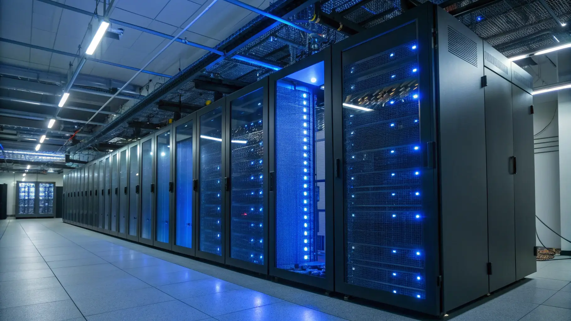 Modern data center server racks with blue LED lights showing cloud infrastructure