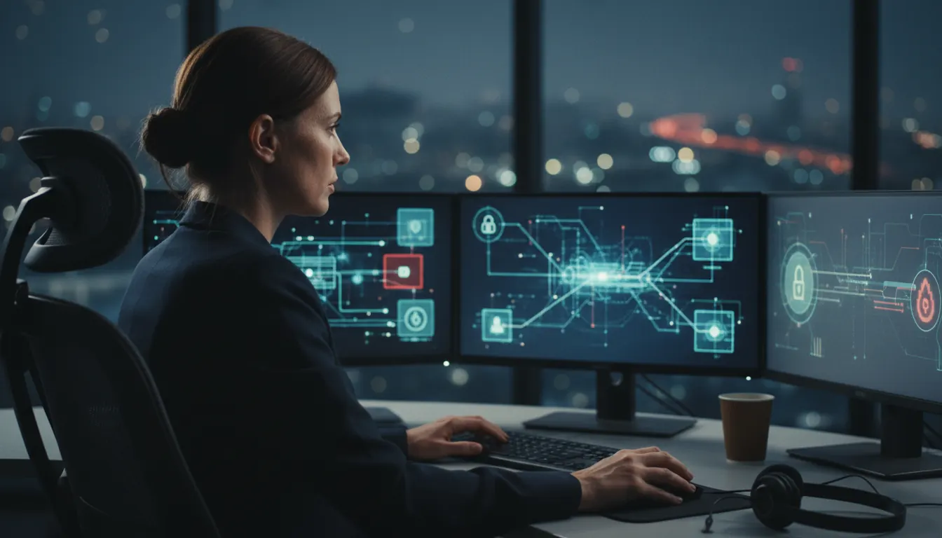 IT security specialist monitoring multiple computer screens showing security systems and data protection
