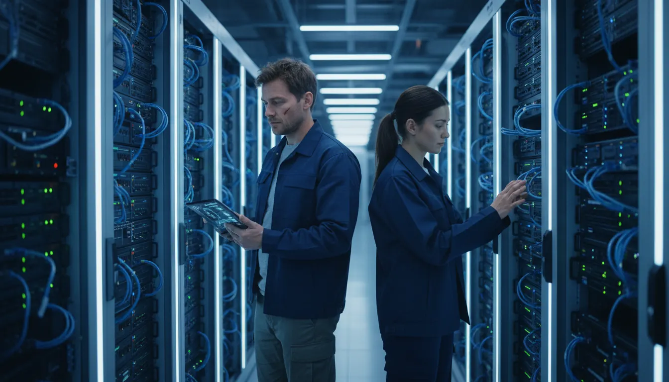 Modern data center with rows of server racks and blue lighting showing technology infrastructure