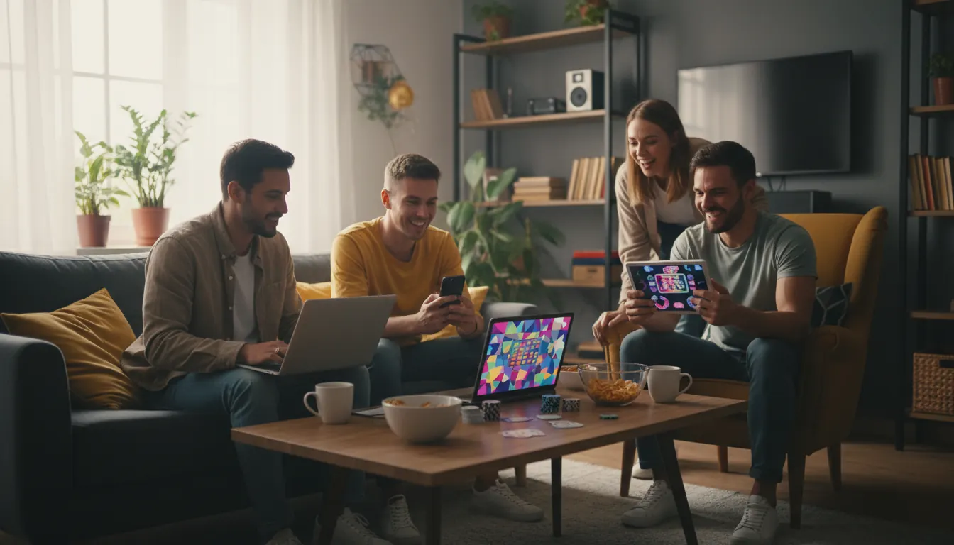 Group of people enjoying online casino games on multiple devices including laptops and smartphones
