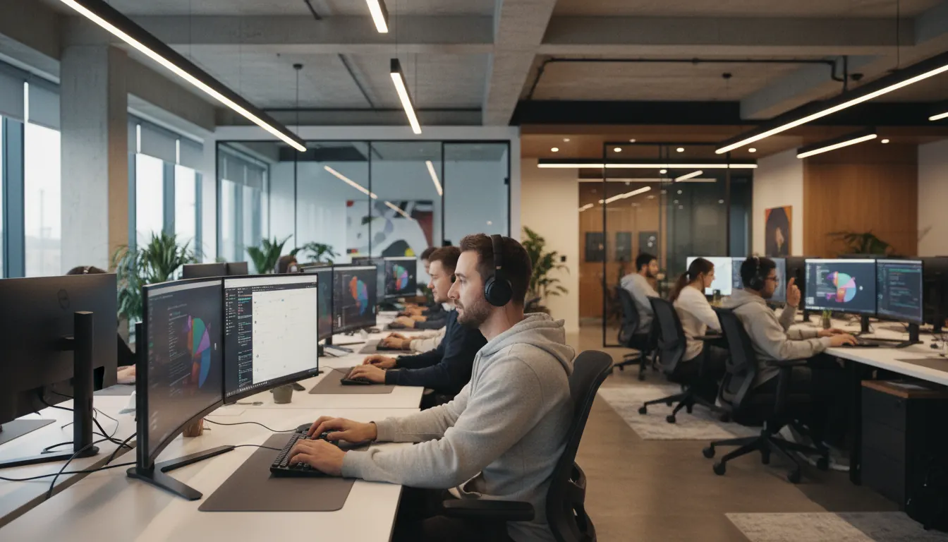 Modern technology company office with developers working on business software solutions