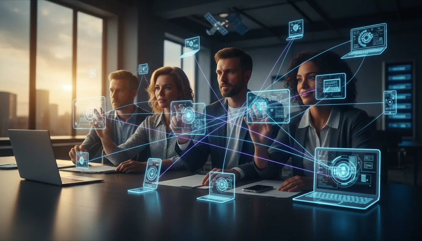 Digital network connectivity concept showing connected devices and systems
