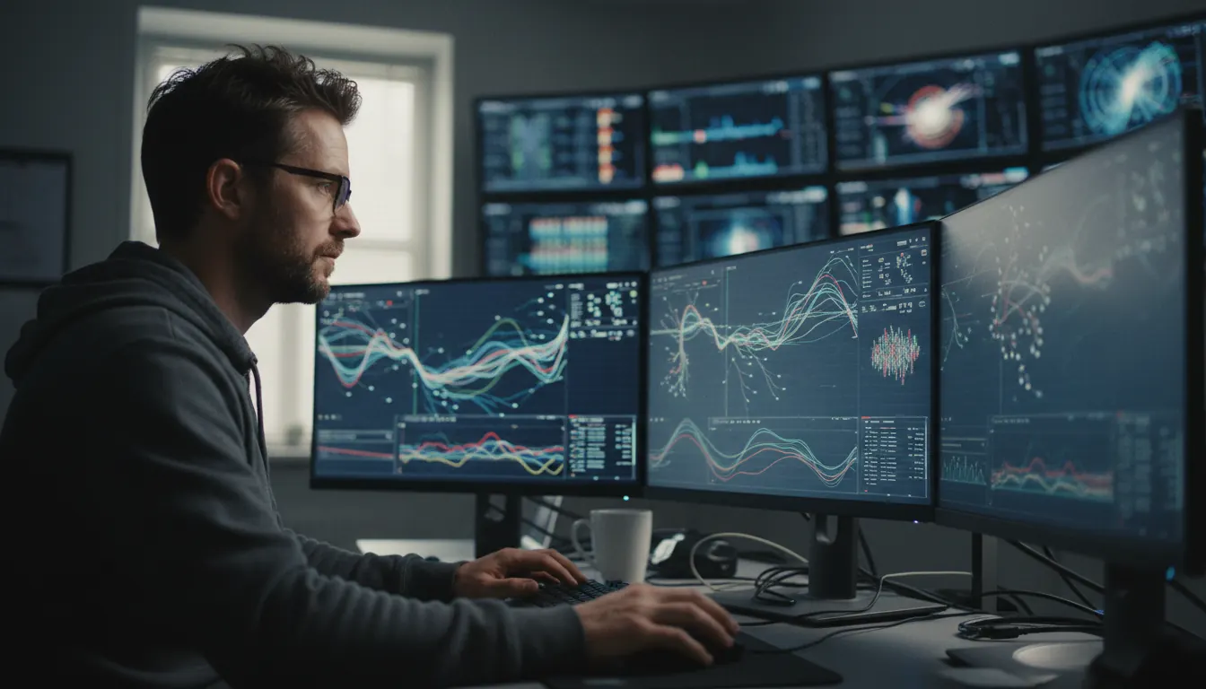 IT professional monitoring system performance on multiple screens showing real-time data