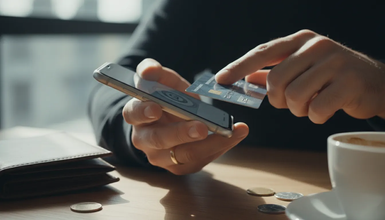Close-up of person's hands using smartphone for digital payment transaction with credit card nearby