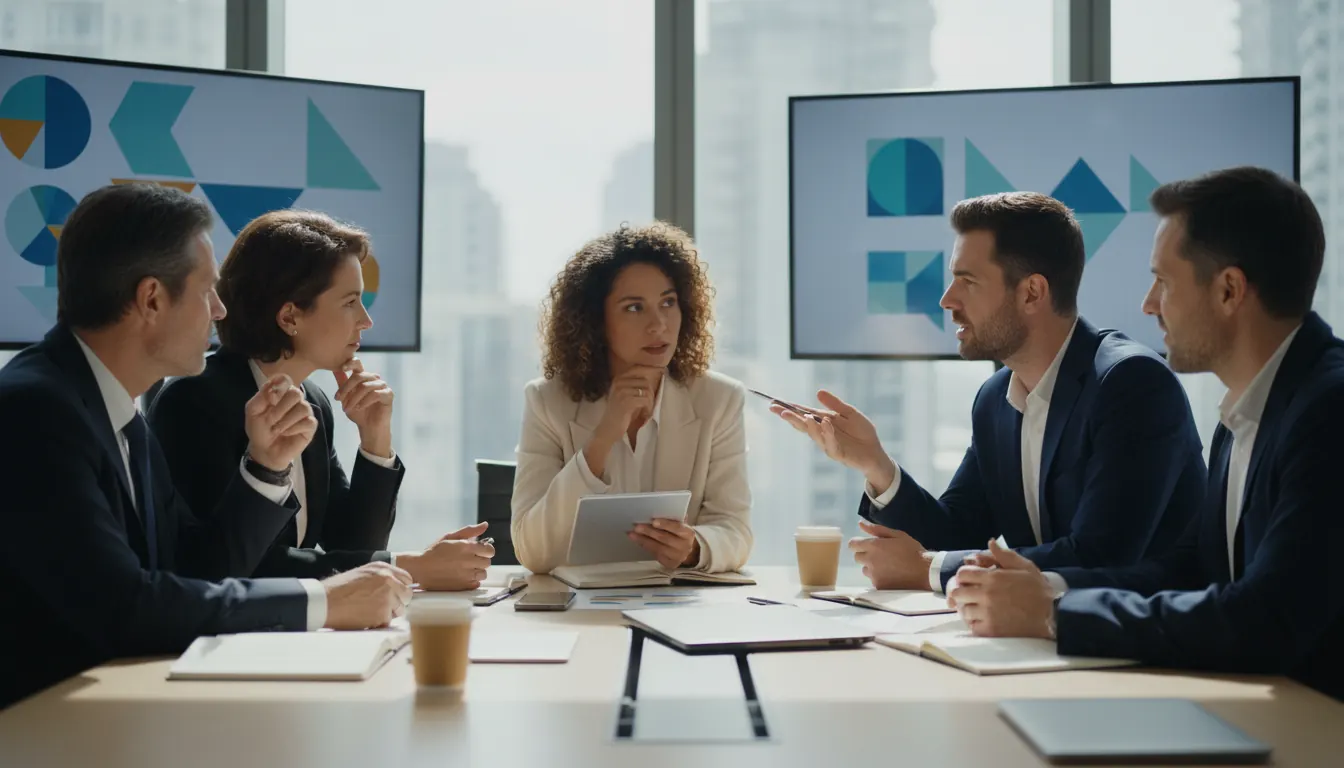 Business professionals in a conference room meeting discussing strategy and collaboration