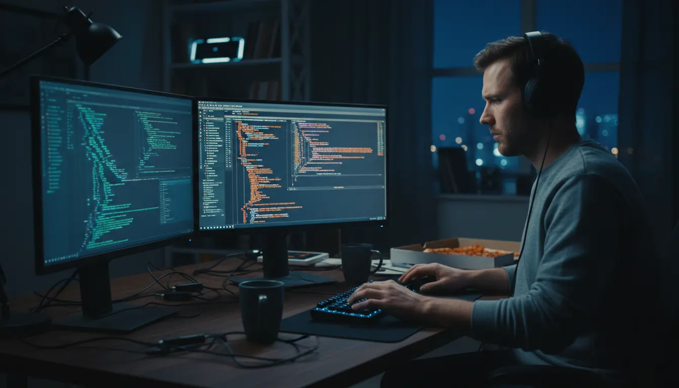 Software engineer writing code on dual monitors in dark office environment