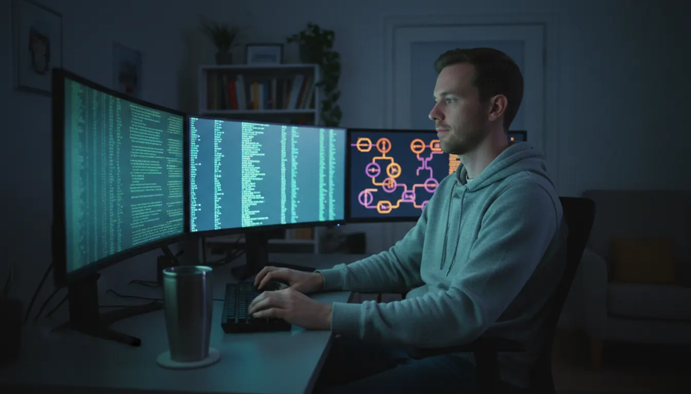 Software developer programming on computer with multiple monitors displaying code