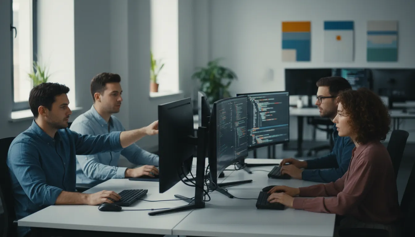 Team of software developers collaborating on code at modern office workstations with multiple monitors