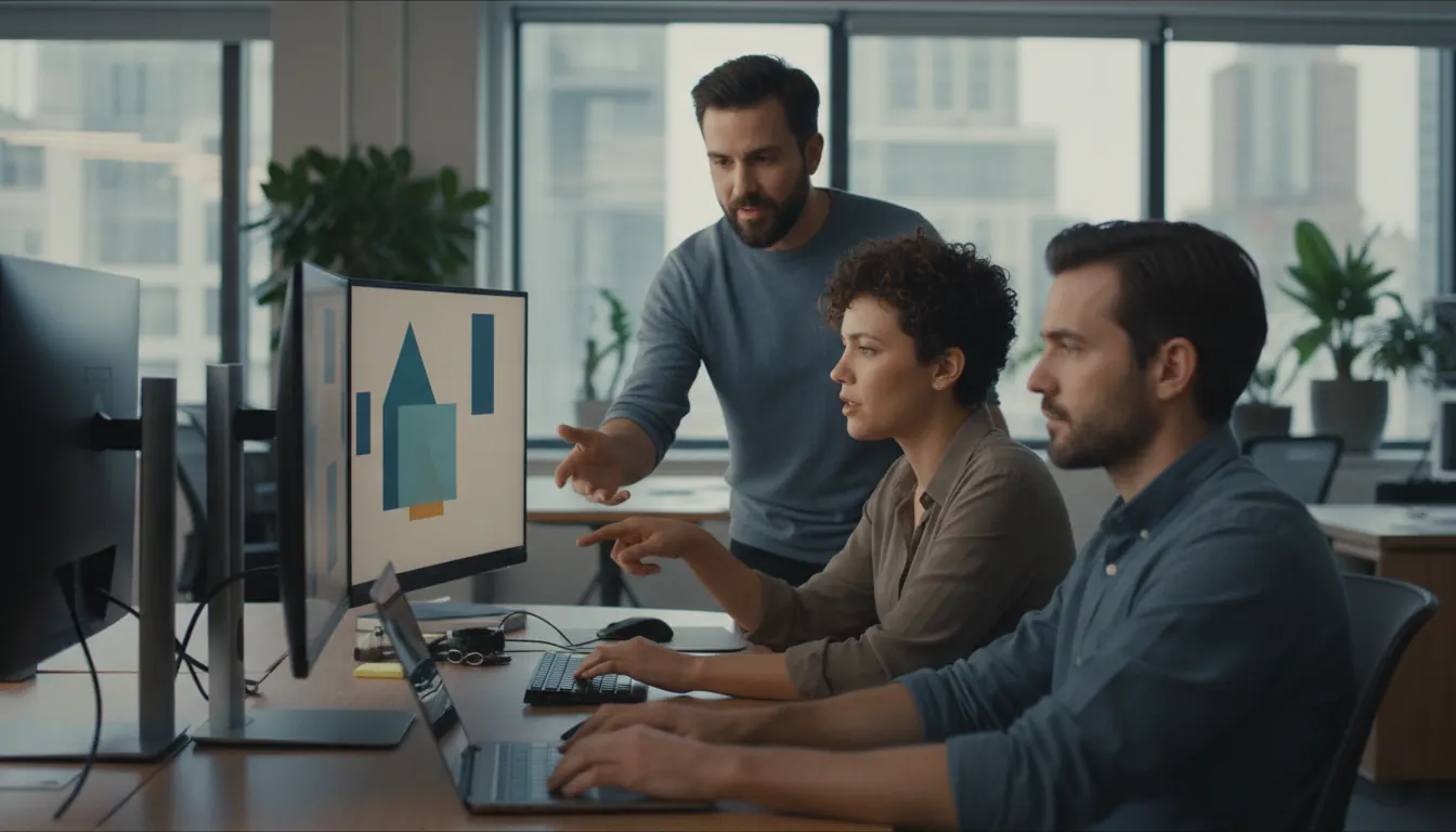 Team of software developers collaborating on code at modern office workstations