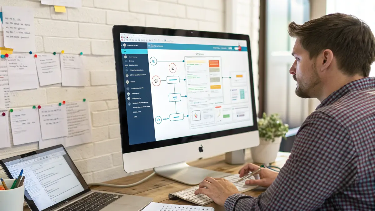 Integration specialist configuring CRM data flows using drag-and-drop workflow designer interface